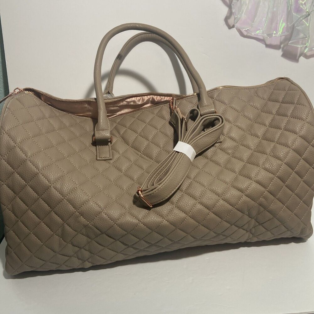 Ms Lovely Quilted Beige Vegan Weekender Travel Duffel Bag W/Gold Hardware NWT